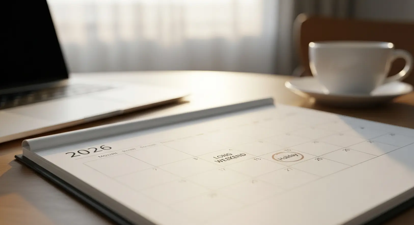 Modern asztali naptár 2026-os évszámmal, elegáns irodai környezetben, fókuszban a hosszú hétvégék beosztásával, mellette gőzölgő kávé.