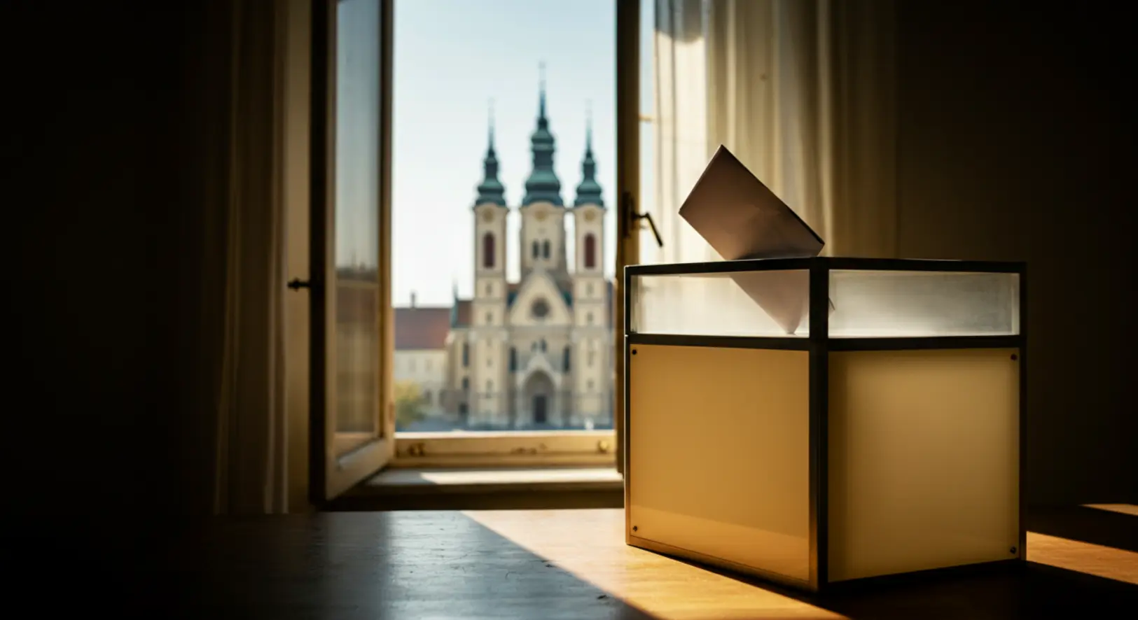 Szavazóurna és a szegedi Dóm sziluettje a háttérben, jelképezve a választási esélyeket.