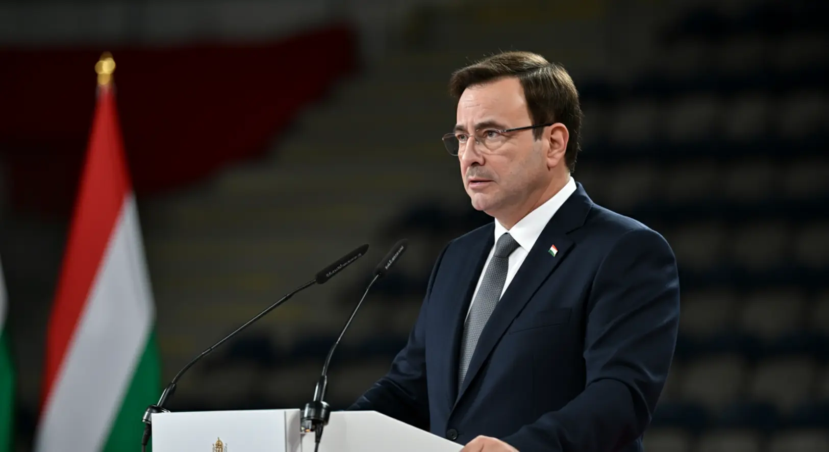 Áder János volt köztársasági elnök beszédet mond a szegedi Pick Arénában tartott DPK gyűlésen 2025-ben.