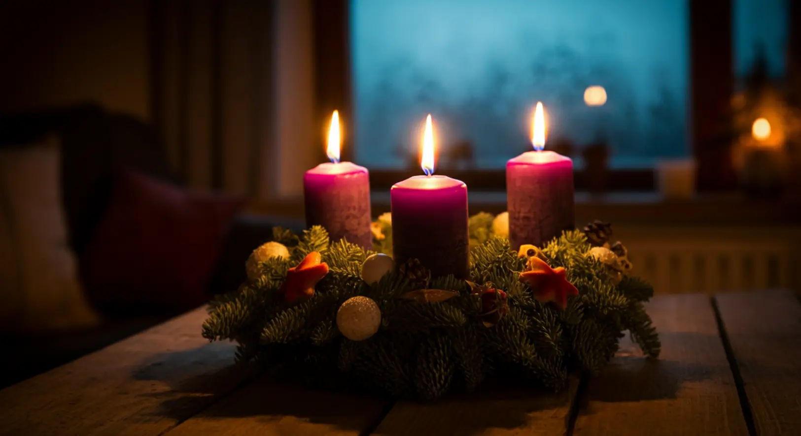 Meggyújtott első lila gyertya az adventi koszorún, háttérben ködös téli tájjal
