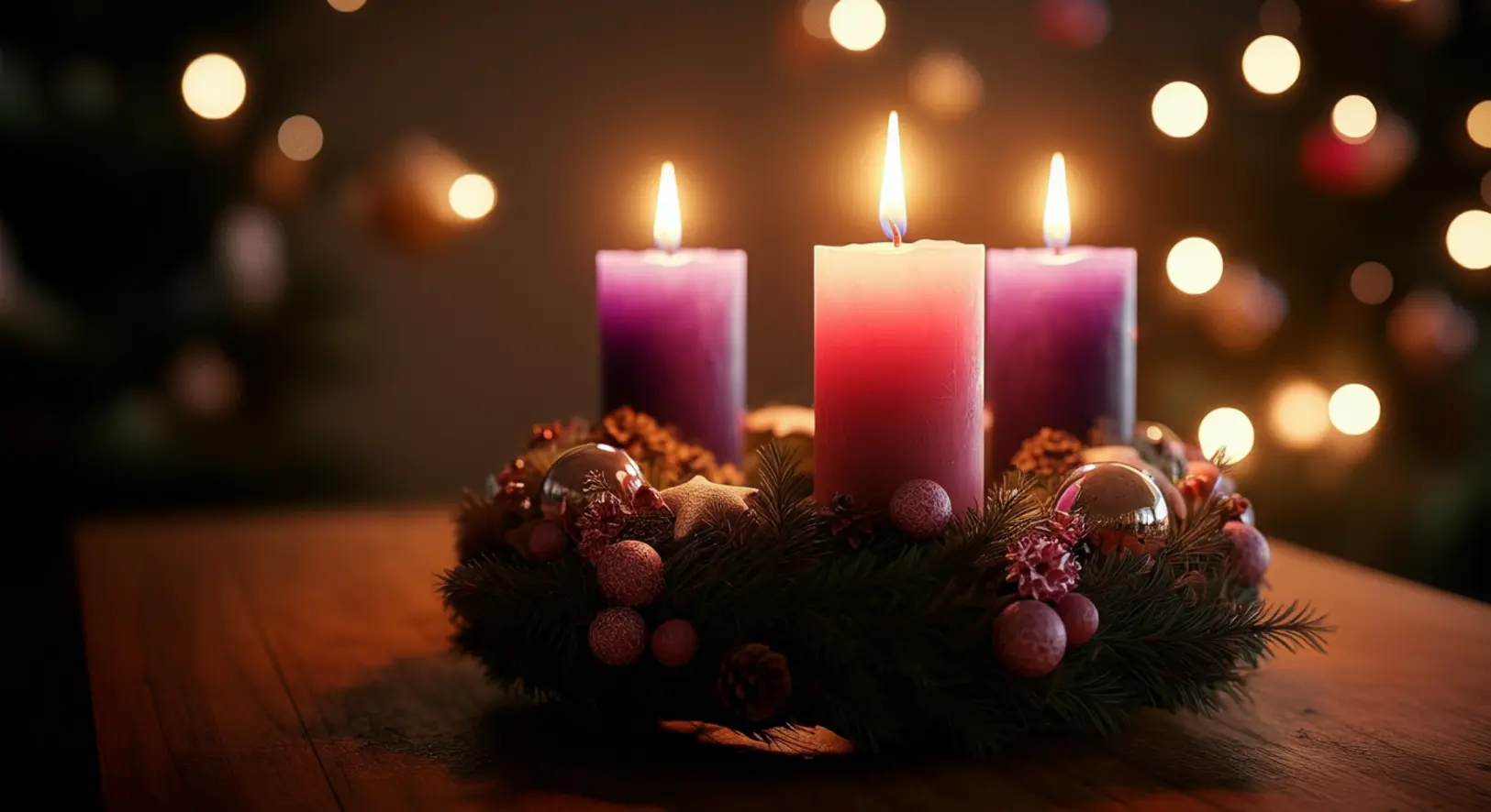 Adventi koszorú három égő gyertyával, elöl a rózsaszín gyertya, 2025 advent harmadik vasárnapján