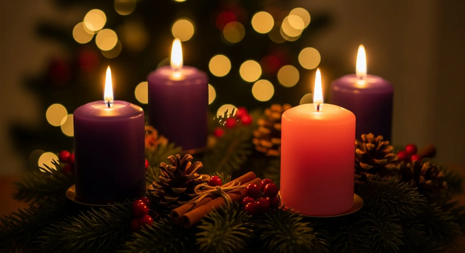 Adventi koszorú négy égő gyertyával, lila és rózsaszín színekben, ünnepi háttérrel.