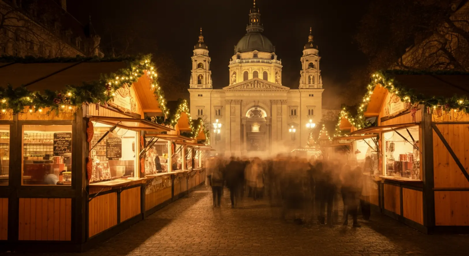 Hangulatos adventi vásár a budapesti Szent István Bazilika előtt 2025 telén, kivilágított faházikókkal és ünnepi forgataggal.