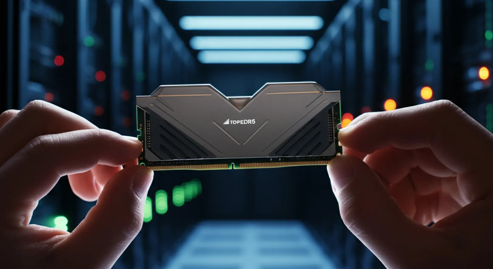 Egy modern DDR5 RAM modul, a háttérben egy elmosódott adatközpont, szimbolizálva az AI miatti drágulást.