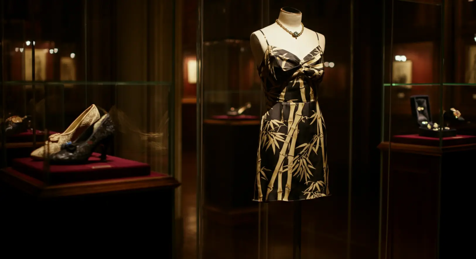 Amy Winehouse ikonikus ruhája és személyes tárgyai egy kiállításon, drámai megvilágításban.