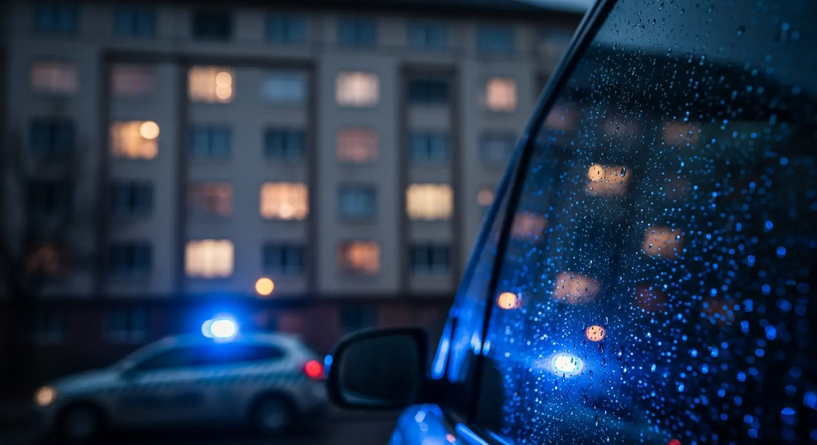Éjszakai utcakép egy angyalföldi társasház előtt, az ablaküvegen esőcseppek tükrözik vissza a rendőrségi kék villogó fényeit.