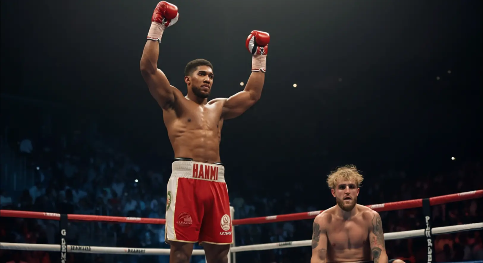 Anthony Joshua ünnepli a kiütéses győzelmét Jake Paul felett a miami bokszgálán.