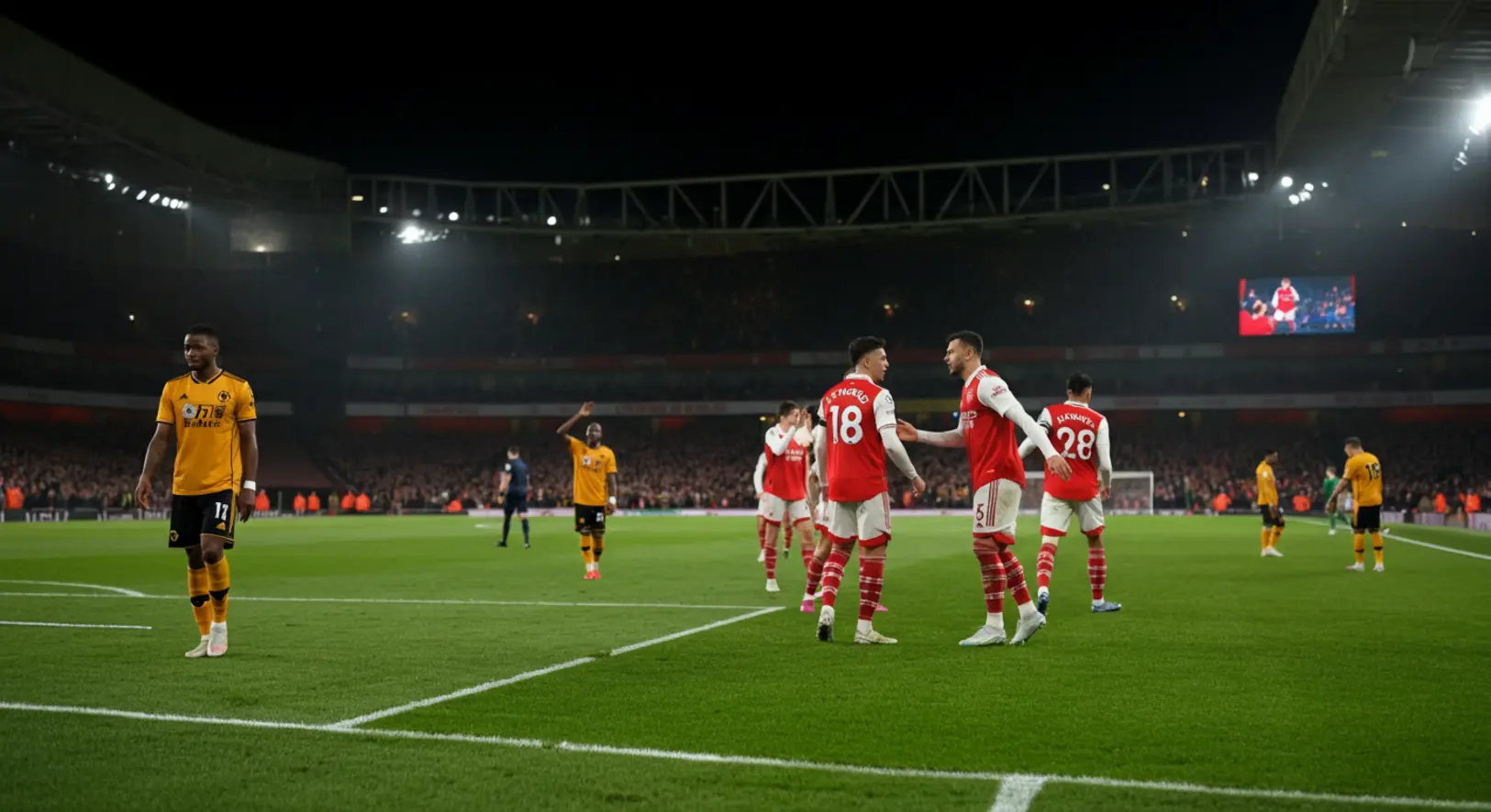 Az Arsenal játékosai ünneplik a győztes gólt a Wolves ellen az Emirates Stadionban
