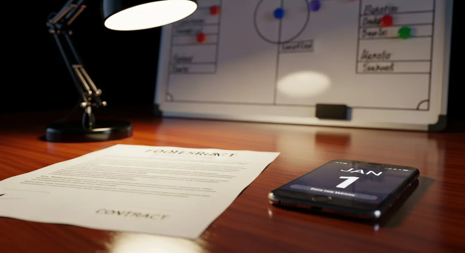 Egy mahagóni asztalon fekvő labdarúgó átigazolási szerződés közeli képe, mellette egy okostelefon JAN 1 dátumot mutat, a háttérben elmosódott taktikai tábla látható.