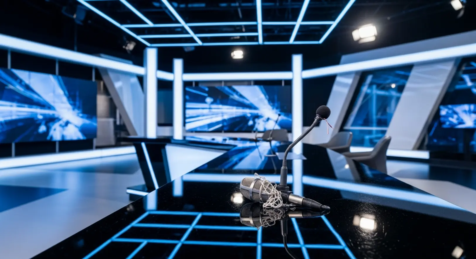 Egy modern televíziós híradó stúdió üres műsorvezetői asztala, rajta egy magányos mikrofonnal, háttérben elmosódott kék-fehér stúdiófényekkel és képernyőkkel.