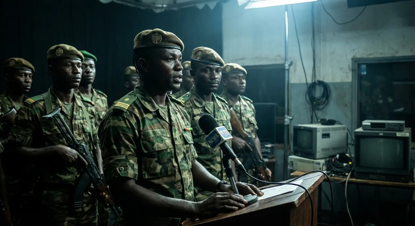 Benini katonák egyenruhában állnak egy televíziós stúdióban, miközben egyikük bejelenti a hatalomátvételt.