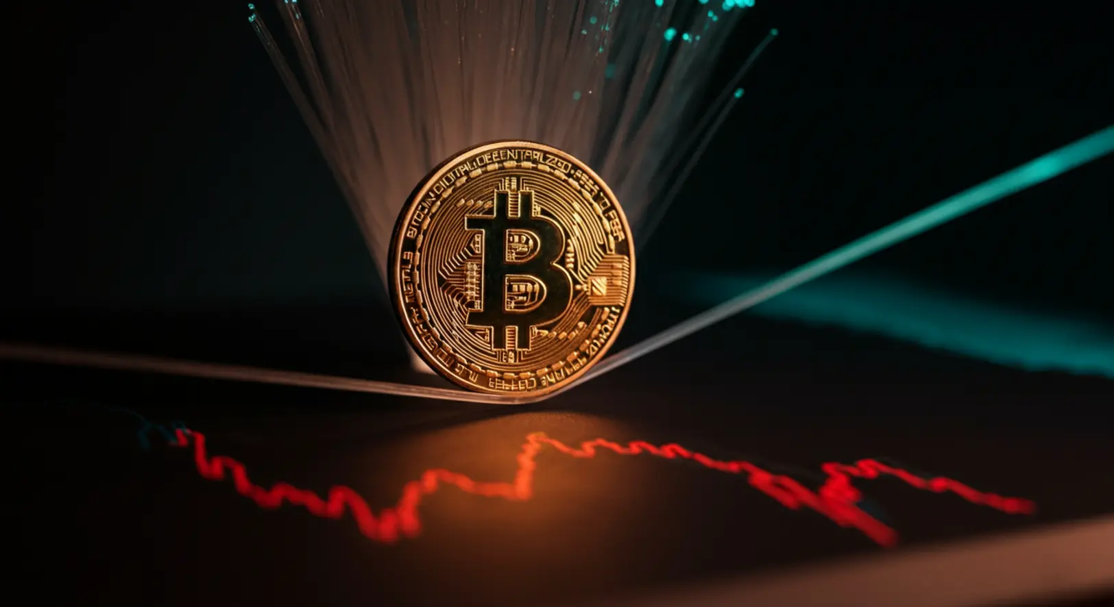 Bitcoin érme egy digitális kötélen egyensúlyoz sötét háttér előtt