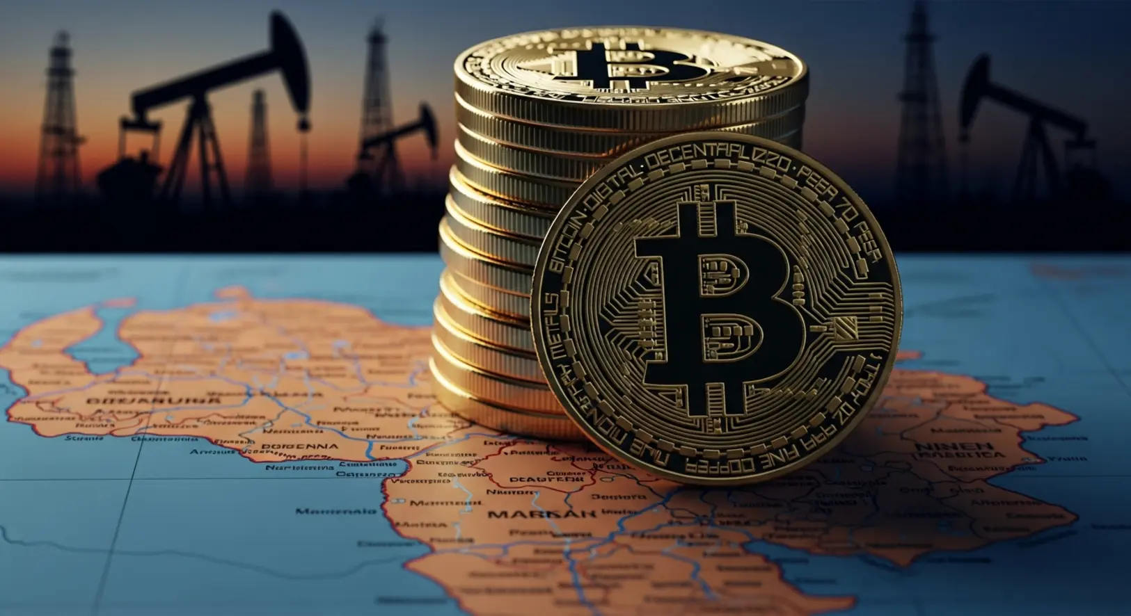 Arany színű fizikai Bitcoin érmék tornyosulnak Venezuela térképe felett, drámai megvilágításban, háttérben elmosódott olajfúró tornyok sziluettjével.