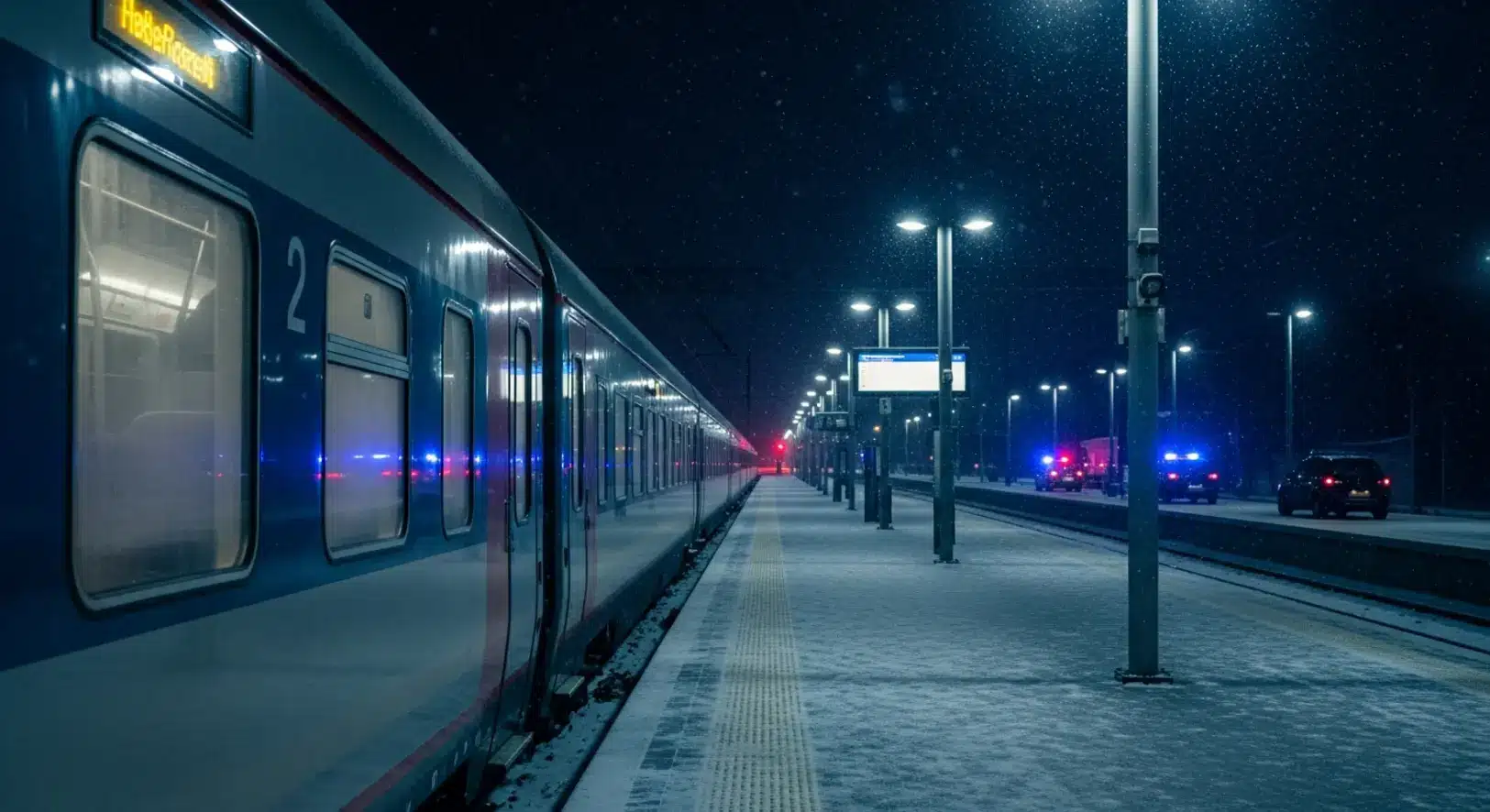Éjszakai vasútállomás télen, fagyos vonatablakok, a háttérben elmosódott rendőrségi kék fények villognak a peron mellett.