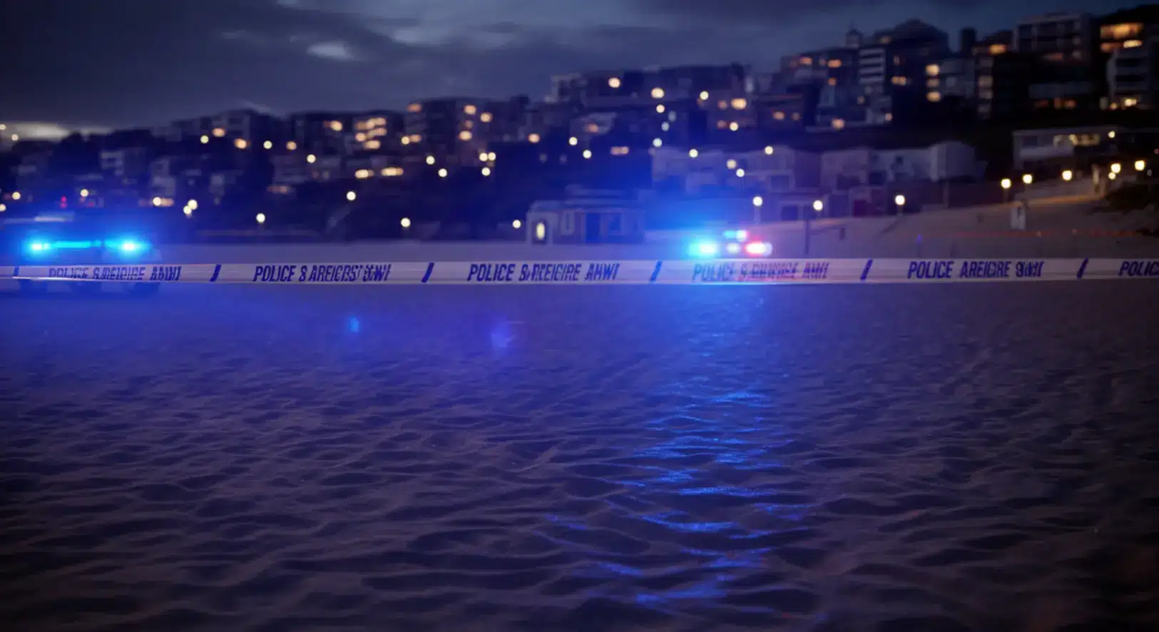 Rendőrségi kordon és villogó fények a sydney-i Bondi Beachen este