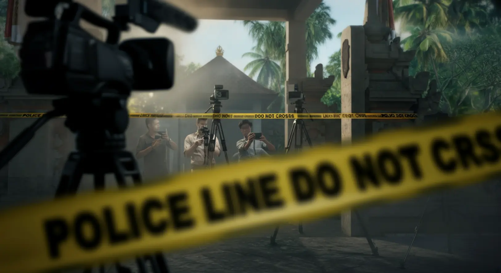 Rendőrségi szalag és sajtótájékoztató helyszín Balin, utalva Bonnie Blue letartóztatására