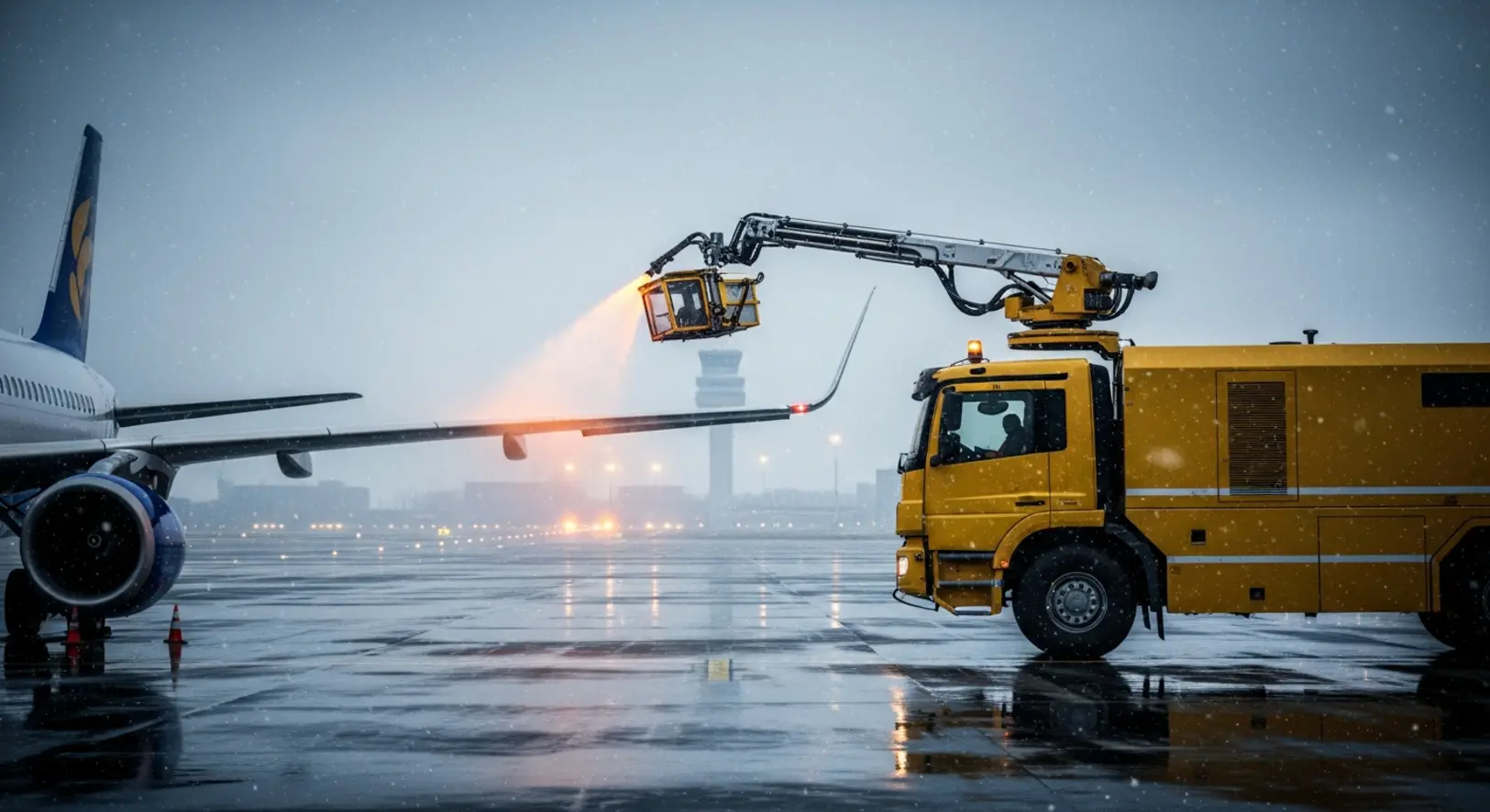 Sárga jégtelenítő jármű narancssárga folyadékot permetez egy repülőgép szárnyára a Liszt Ferenc Repülőtéren borús, ónos esős időben, a háttérben a repülőtér fényei.