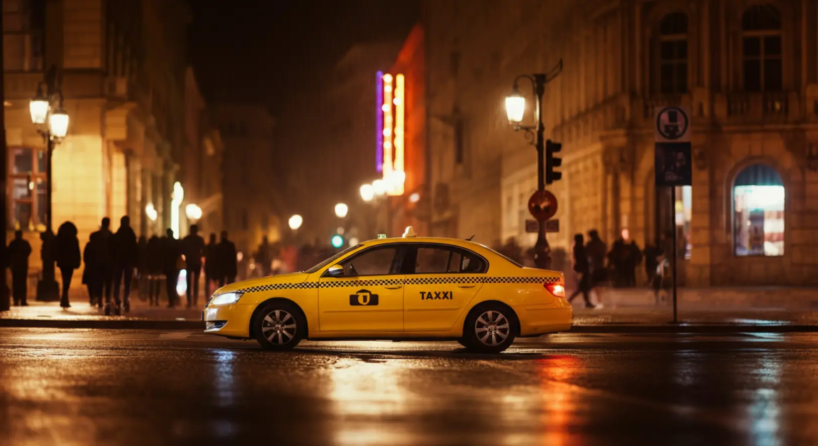 Sárga taxi Budapest belvárosában éjszaka, a háttérben a Bazilika fényei