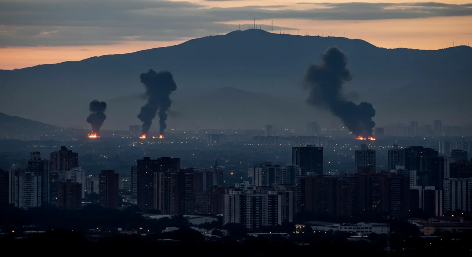 Caracas látképe hajnalban, a távolban sűrű fekete füstoszlopok emelkednek a város fölé a hegyek előterében, jelezve a katonai csapások helyszíneit.