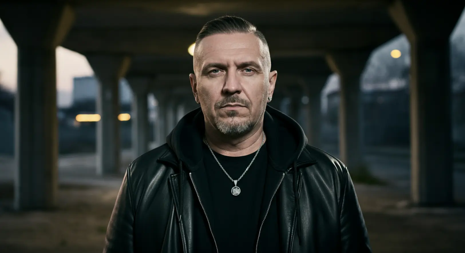 Illusztratív portré egy középkorú magyar rapperről városi háttérrel