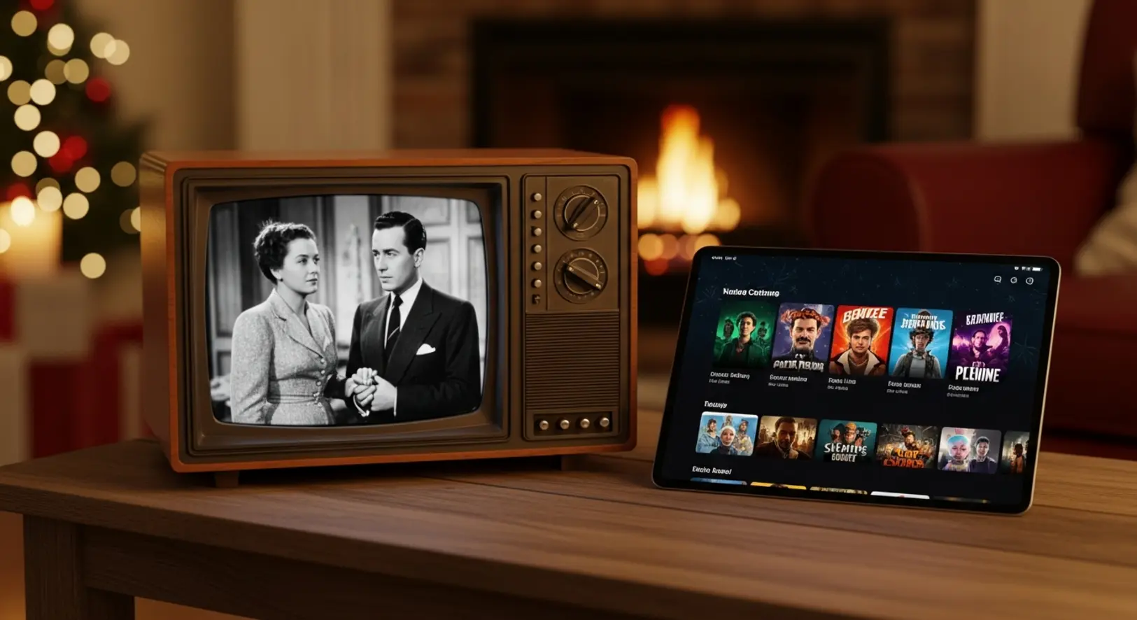 Vintage tévé fekete-fehér filmmel és modern tablet színes animációval egy karácsonyi nappaliban az asztalon