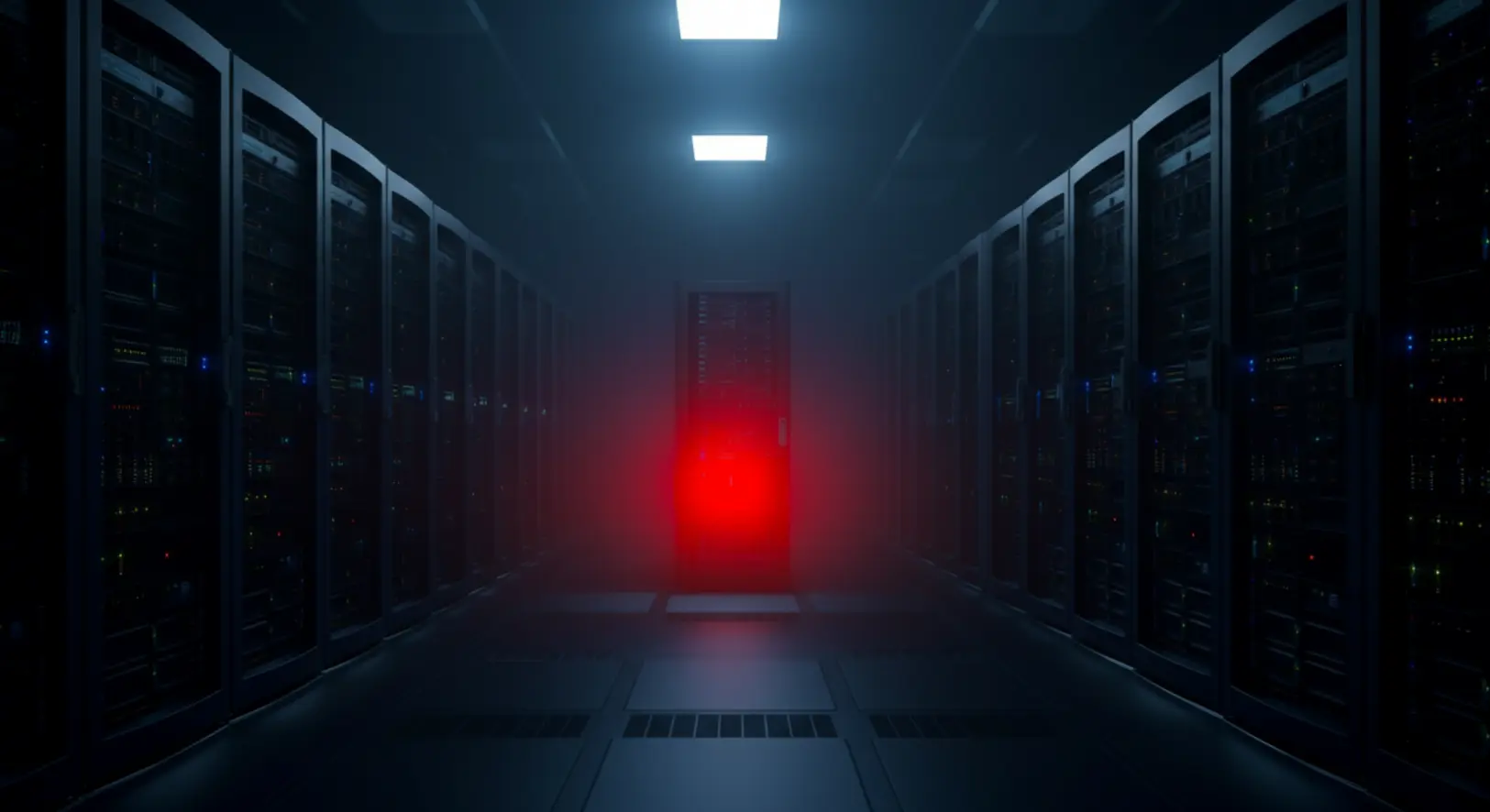 Egy modern szerverterem, ahol egyetlen szerver vörösen izzik, szimbolizálva a Cloudflare rendszerhibáját, ami globális internet leállást okozott.