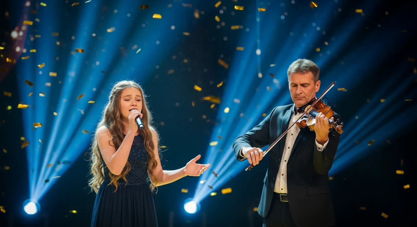 Kristóf Rebeka énekel és Kristóf Béla hegedül a Csillag Születik 2025 döntőjének színpadán, miközben hull a konfetti.