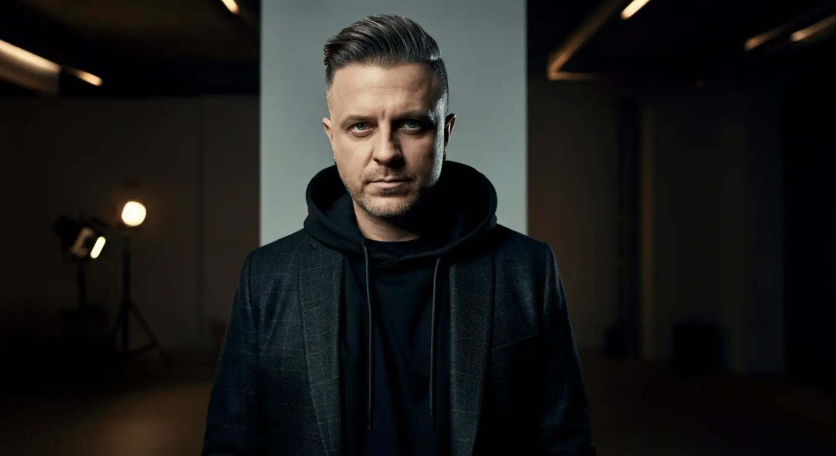 Curtis (Széki Attila) rapper komoly arckifejezéssel néz a kamerába egy stúdióban, a róla készülő 120 milliós dokumentumfilm hírét követően.