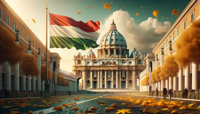 A kép a Vatikán egy részét és a magyar zászlót ábrázolja, jelképezve Orbán Viktor 2025 októberi pápalátogatását.