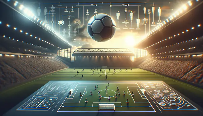 Nemzetközi labdarúgó mérkőzés absztrakt montázsa, stadion képpel