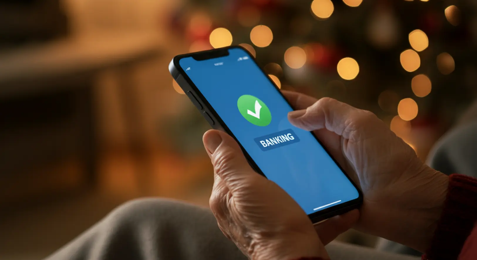 Idős ember banki értesítést néz a telefonján karácsonyi környezetben
