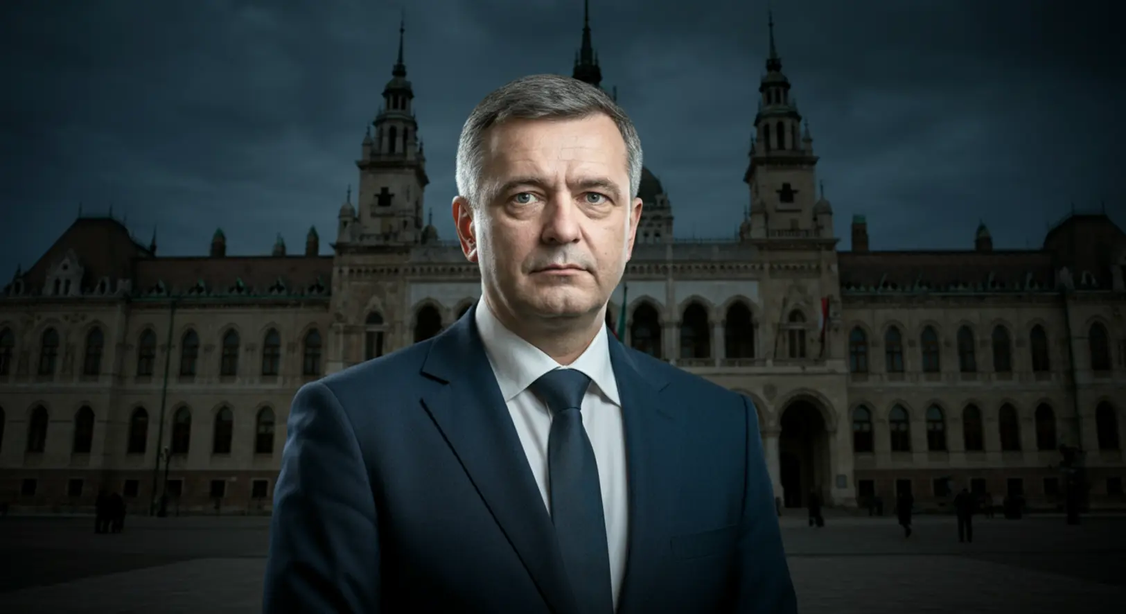Dobó Zoltán tapolcai polgármester illusztráció, háttérben a városháza