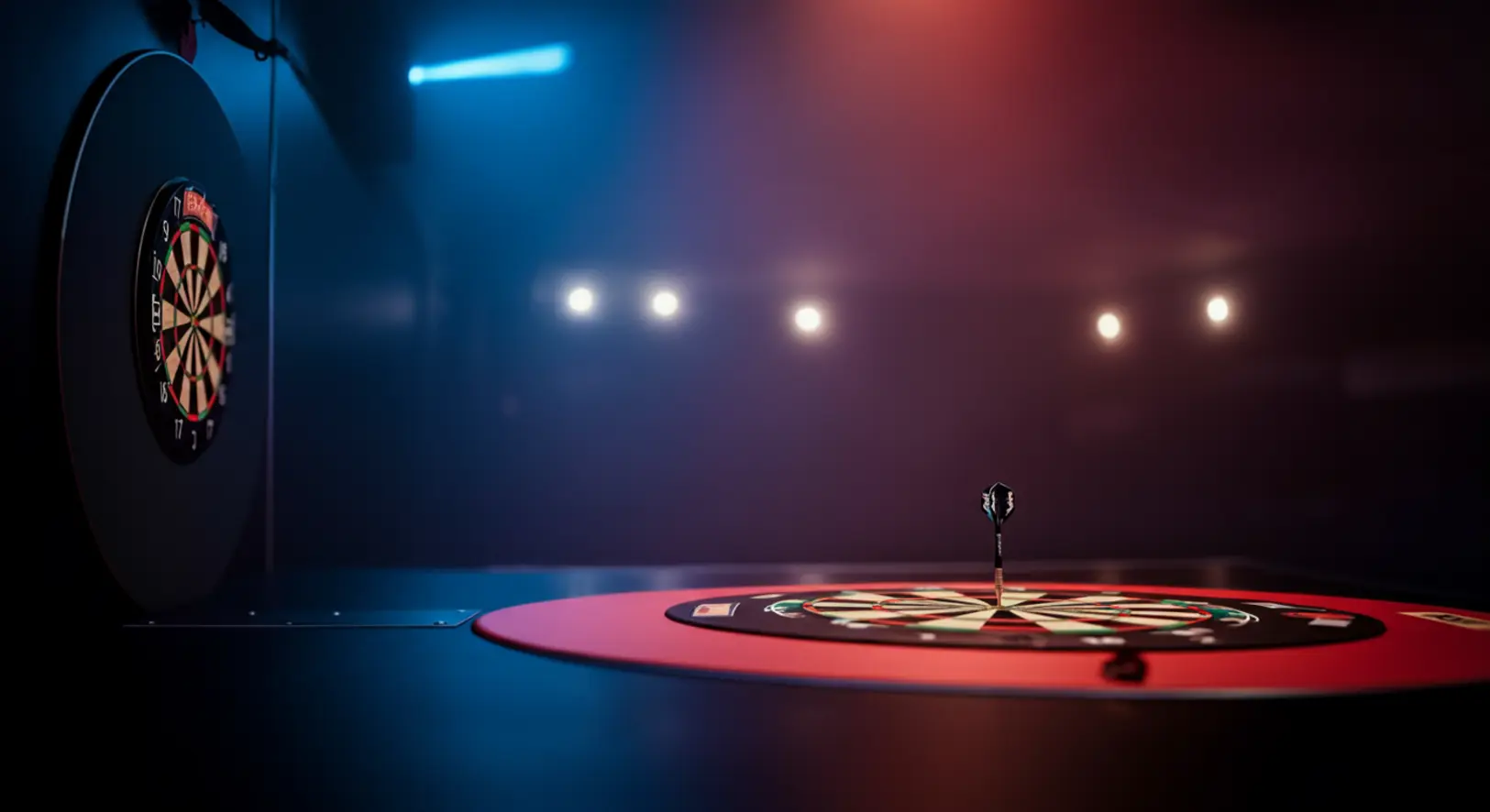 Üres darts színpad az Alexandra Palace-ban, drámai megvilágításban, utalva Dom Taylor kizárására.