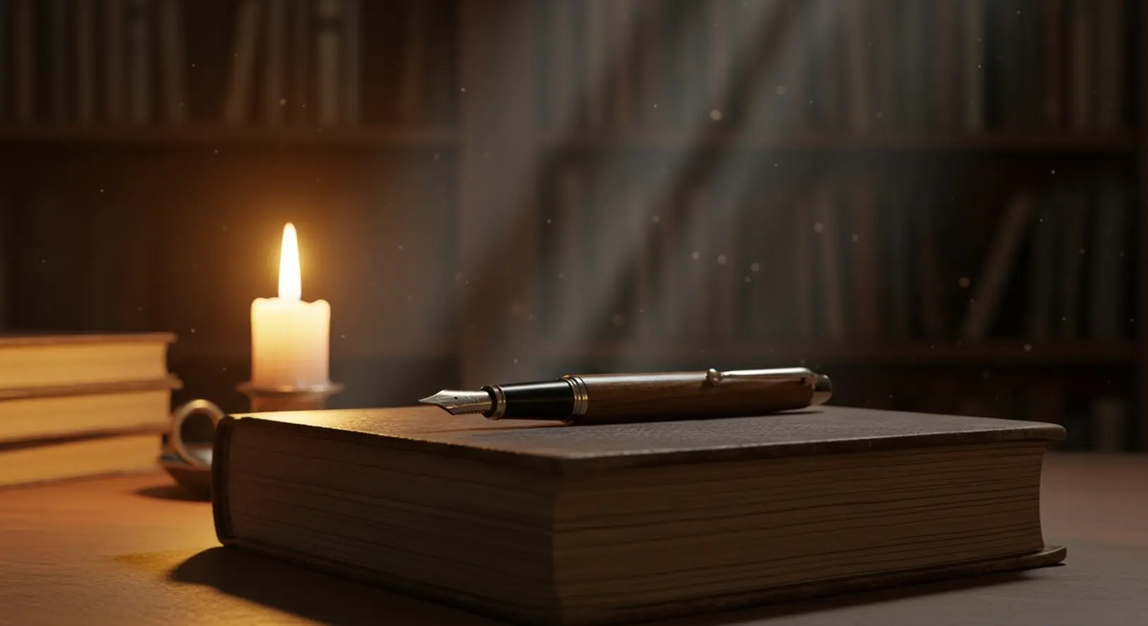 Egy antik töltőtoll pihen egy bőrkötésű, zárt könyvön egy gyertya pislákoló fényében, homályos könyvtárszobában, szimbolizálva az írói hagyatékot.