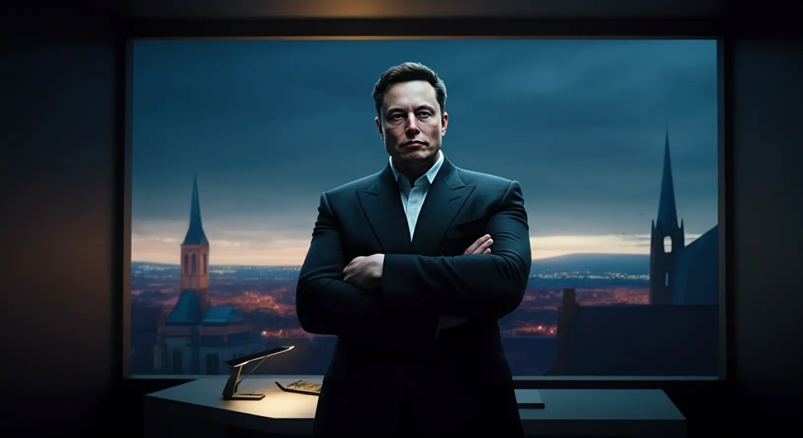Elon Musk portréja, háttérben egy európai város sziluettje, ami az EU-val való konfliktusát szimbolizálja.