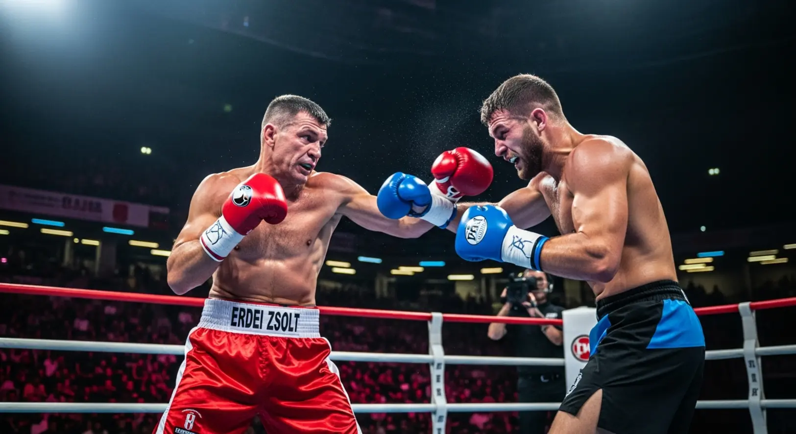 Erdei Zsolt és Végh Attila bokszol a ringben a Hell Boxing Kings budapesti gáláján.