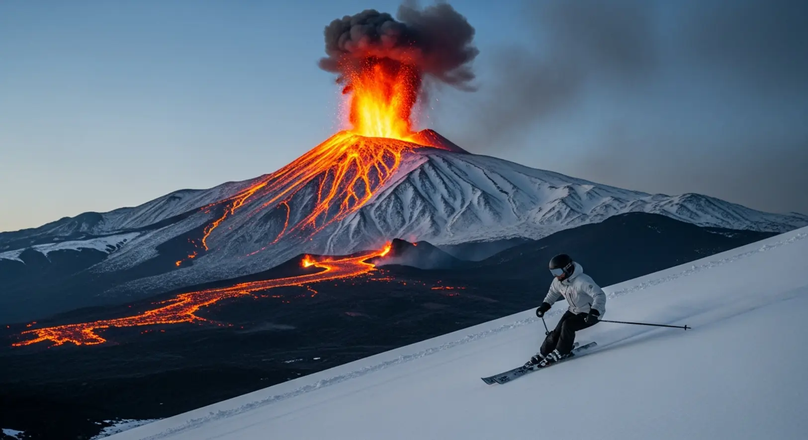 Síelő siklik le a havas lejtőn, a háttérben az Etna vulkánból narancssárga láva és sötét hamufelhő tör az ég felé.
