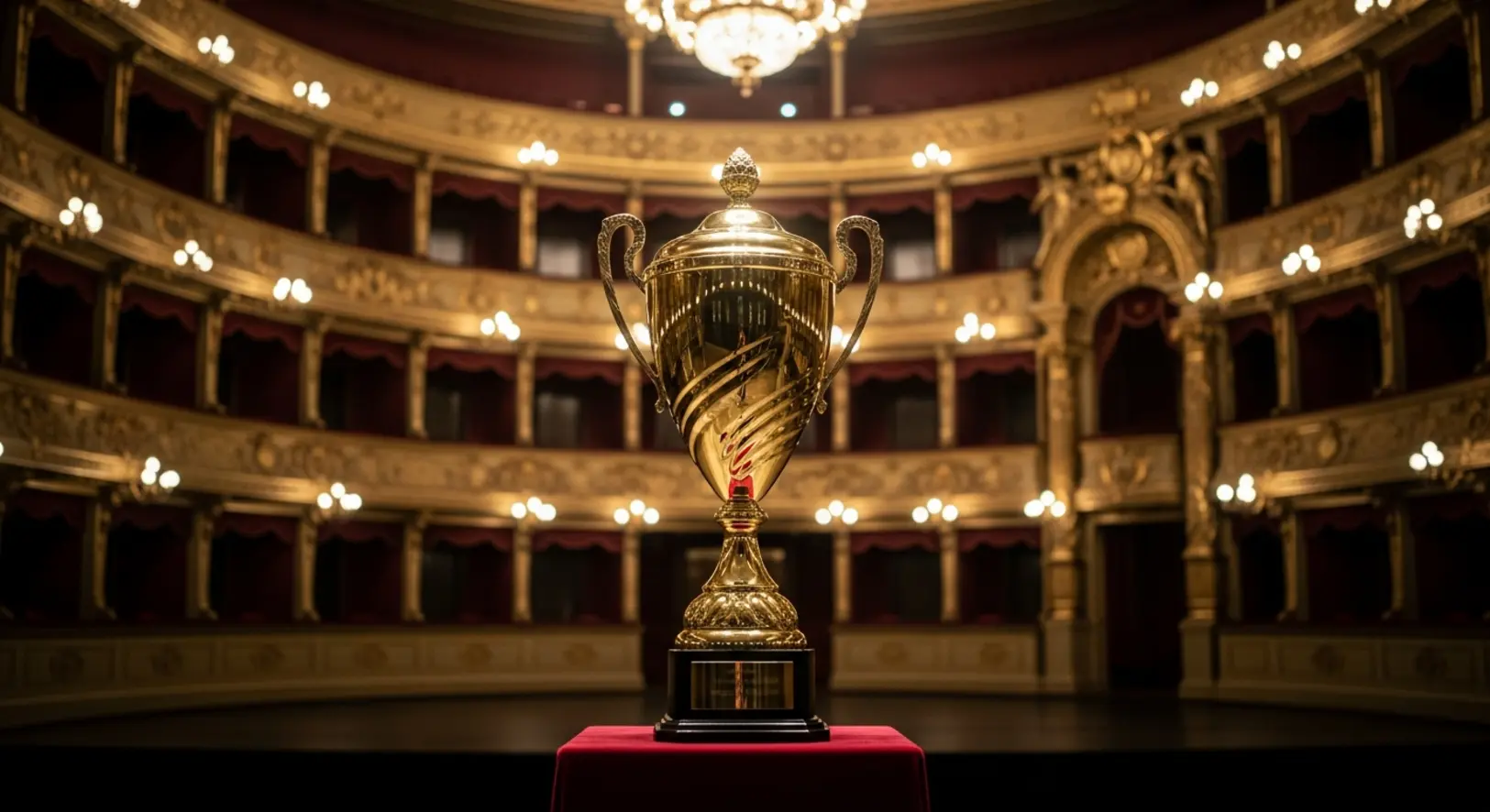 Aranyozott sportolói trófea a Magyar Állami Operaház színpadán, drámai megvilágításban, háttérben az elegáns vörös-arany páholyokkal.