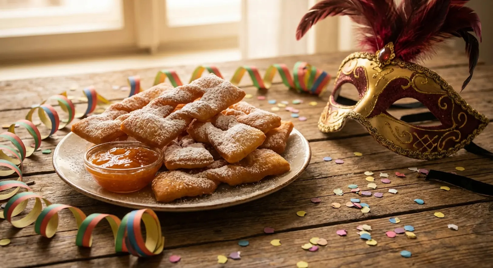 Hagyományos farsangi szalagos fánk porcukorral és egy velencei stílusú álarc egy rusztikus fa asztalon