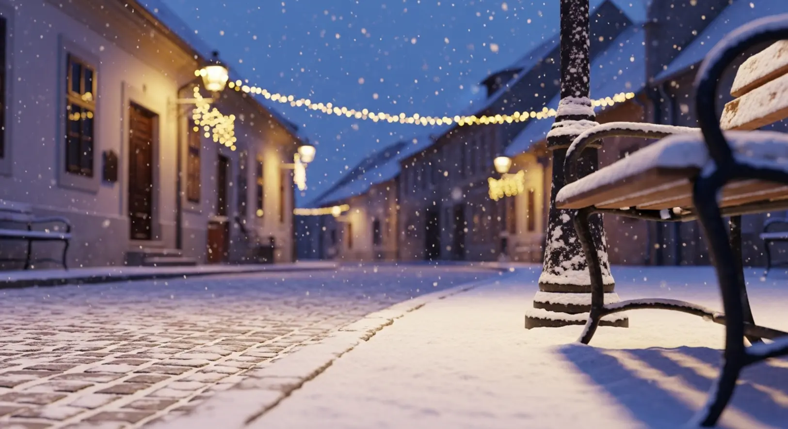 Hangulatos, macskaköves utca karácsonyi fényekkel és friss hóréteggel borítva szenteste, hulló hóesésben egy magyar kisvárosban.