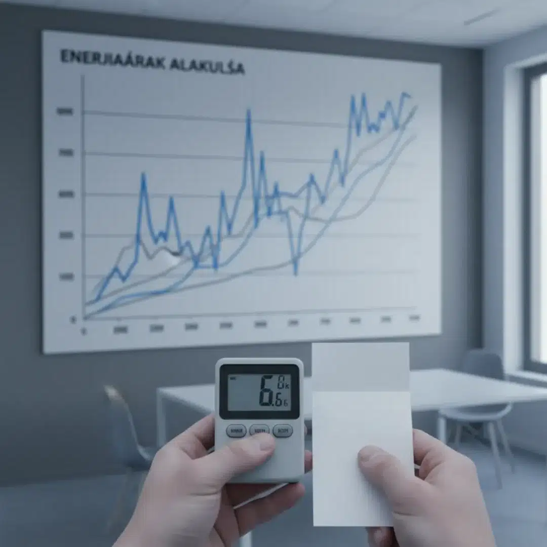 Szerkesztőségi fotó egy villamos energia számláról és mérőóráról, amely a rendszerhasználati díj kontextusát ábrázolja.