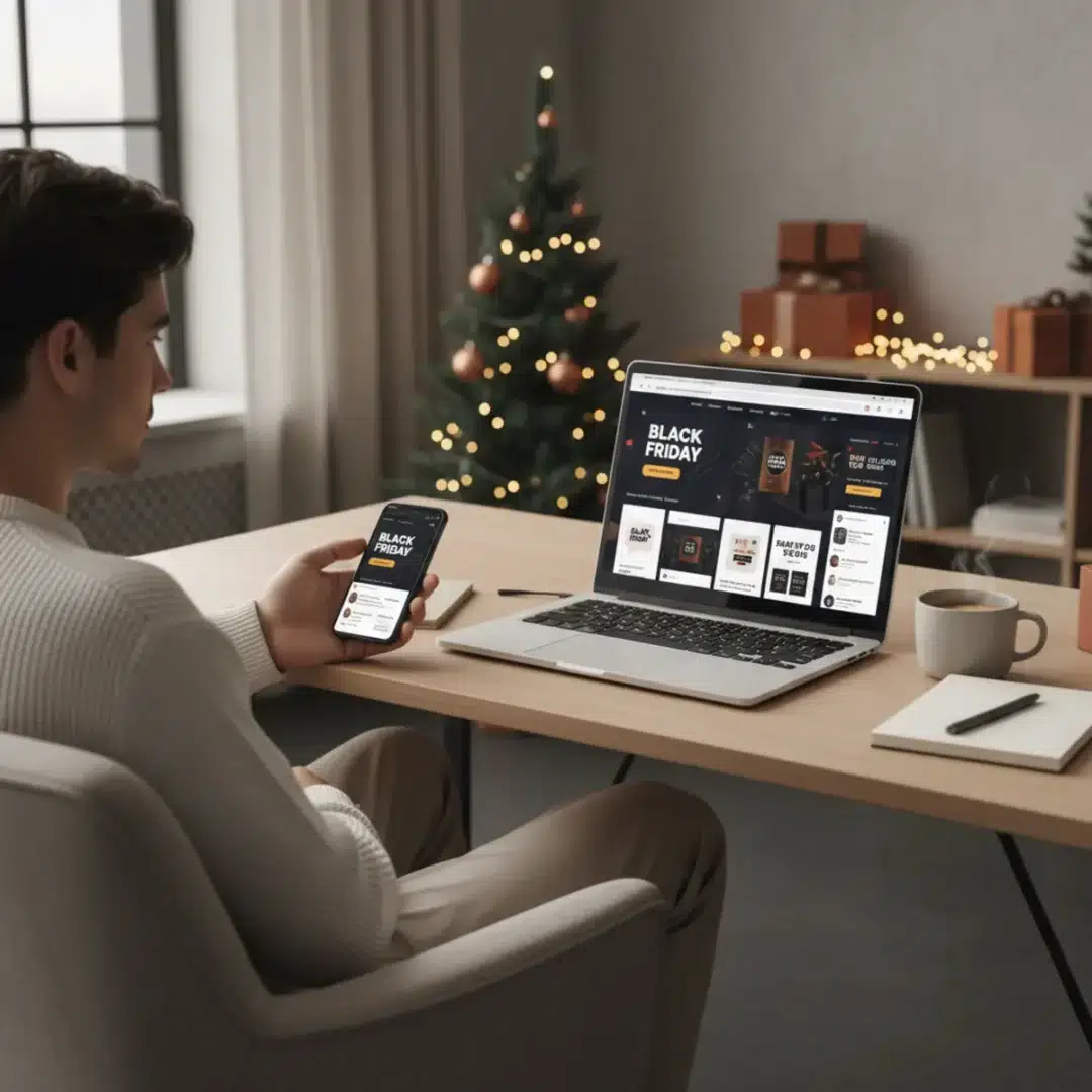 Szerkesztőségi fotó, amely semlegesen ábrázolja a Black Friday 2025 vásárlói tudatosságát és az online akciókat