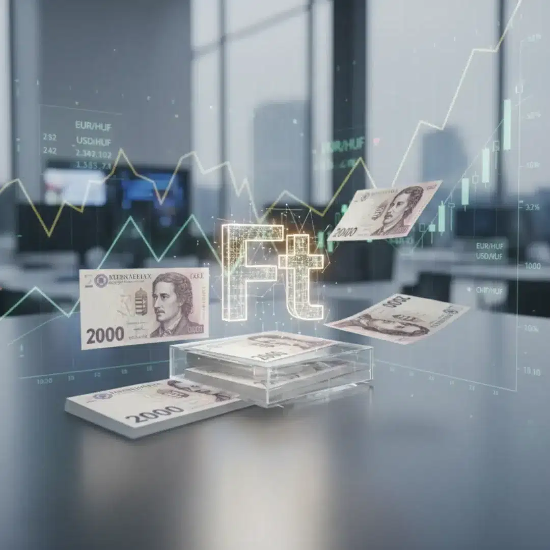 Szerkesztőségi fotó, amely semlegesen ábrázolja a forint árfolyamának változásait és a piaci ingadozásokat.