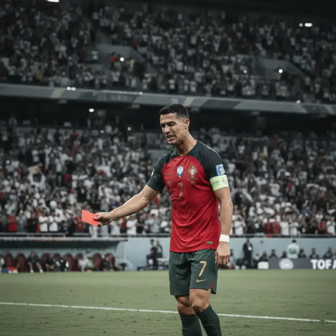 Ronaldo piros lappal a kezében, frusztrált arckifejezéssel távozik a pályáról egy stadionban