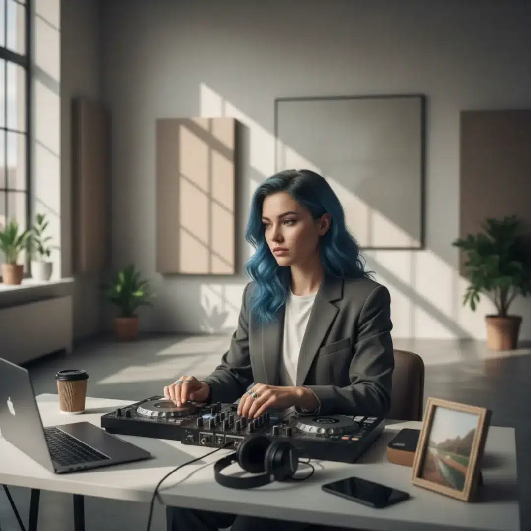Szerkesztőségi fotó, amely semlegesen ábrázolja Regán Lili DJ tevékenységét modern stúdióban