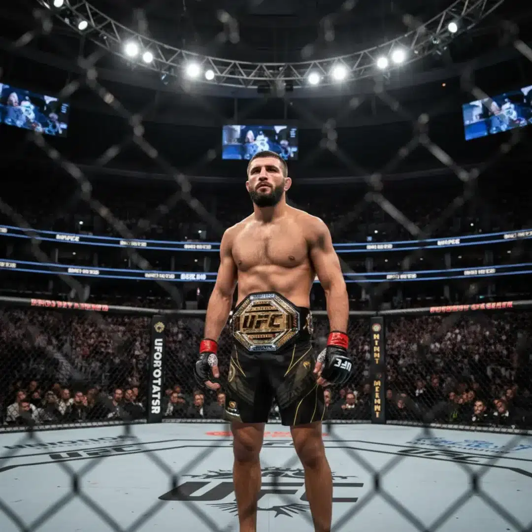 Szerkesztőségi fotó a UFC 322 gála világbajnoki mérkőzéséről, ahol egy ketrecharcos a ketrec közepén áll.