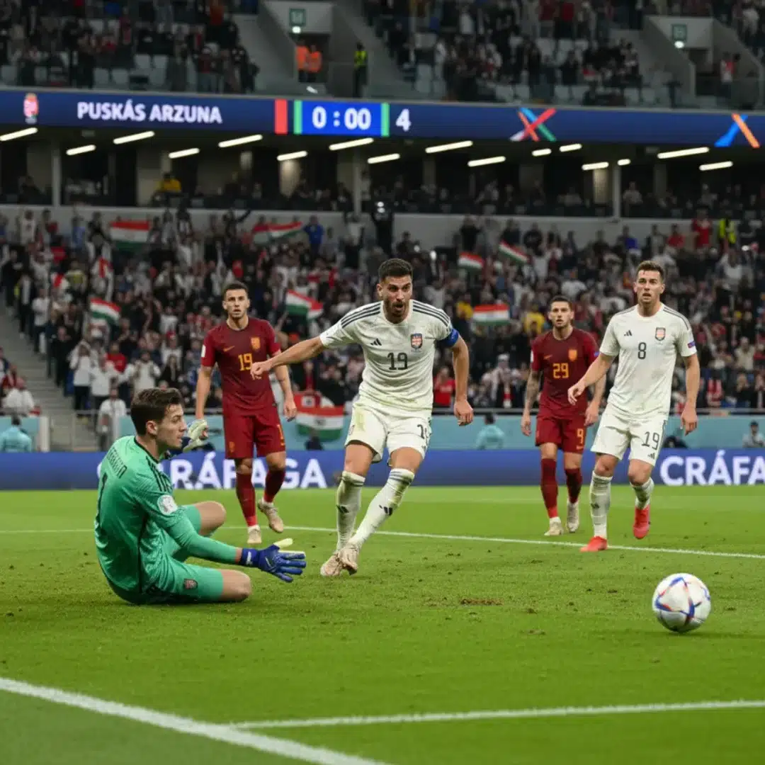 Szerkesztőségi fotó, amely semlegesen ábrázolja a magyar-ír világbajnoki selejtező drámai döntő pillanatát