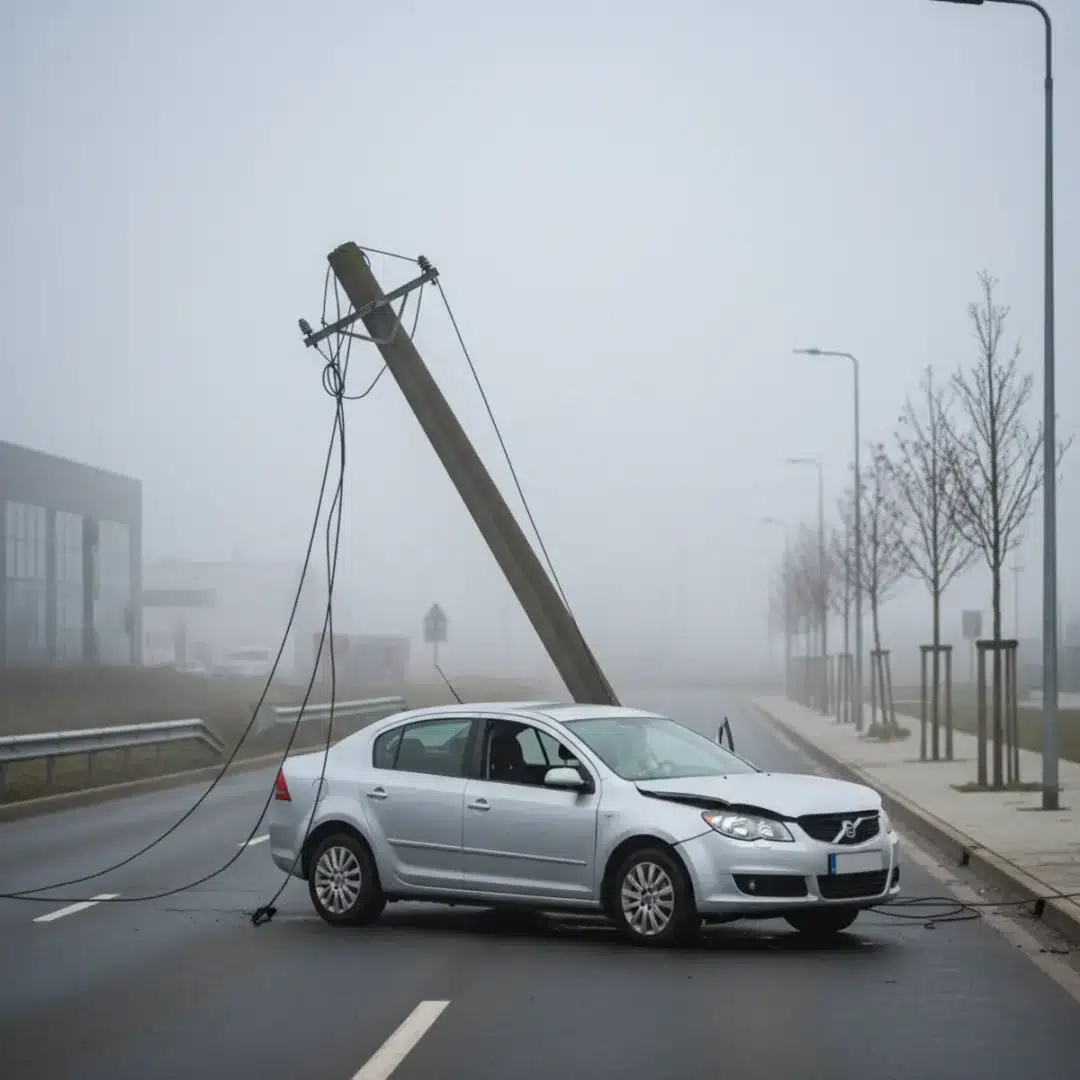 Szerkesztőségi fotó, amely az M3-as autópályán történt halálos baleset helyszínét ábrázolja villanyoszloppal és összetört autóval