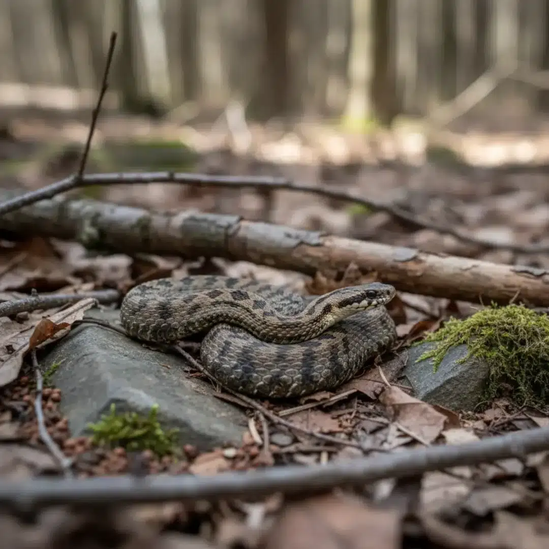 Szerkesztőségi fotó, amely a keresztes vipera természetes erdei élőhelyén látható, jól látható a kígyó cikcakkos mintája
