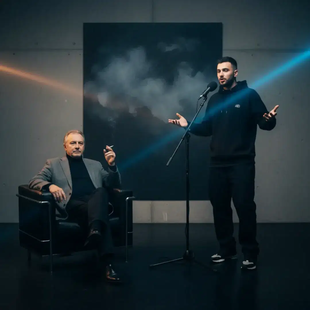 Tarr Béla és Beton.Hofi egy modern stúdióban, a Tarr Béla című klip forgatásán cigarettázva és beszélgetve.